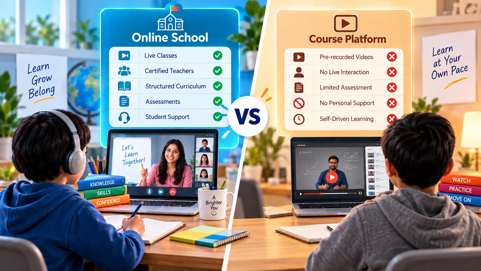 Online school with teachers, structured classes, assessment and student support