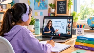 Student attending a live online school class with teacher