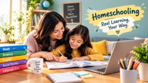 Parent and child learning through homeschool curriculum at home