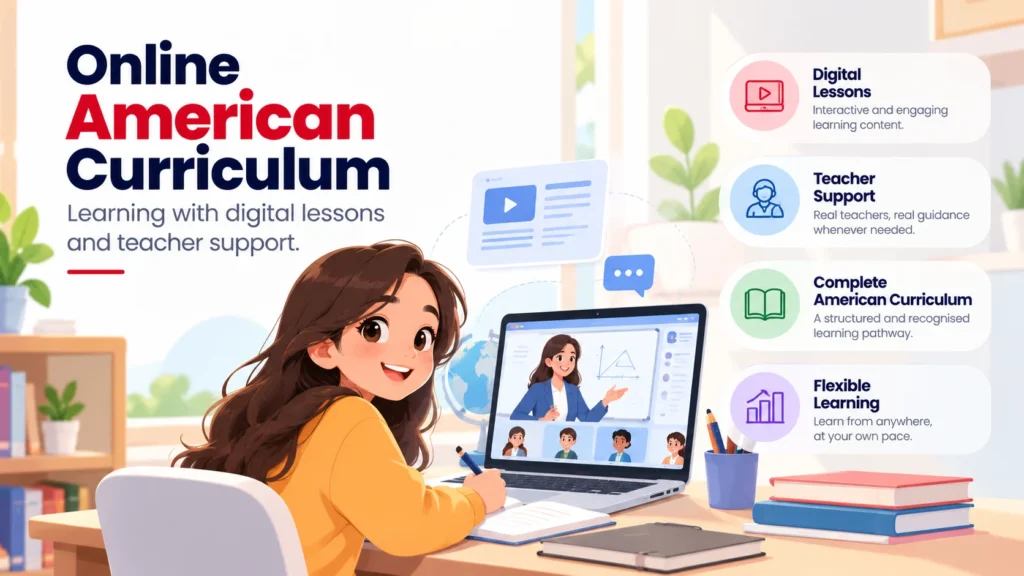 Online American curriculum learning with digital lessons and teacher support 