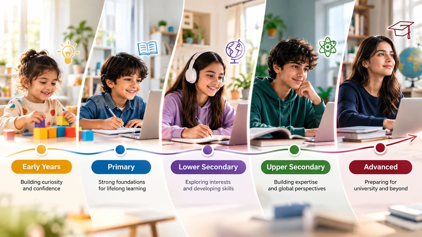 Five stages of the British curriculum from Early Years to Cambridge Advanced