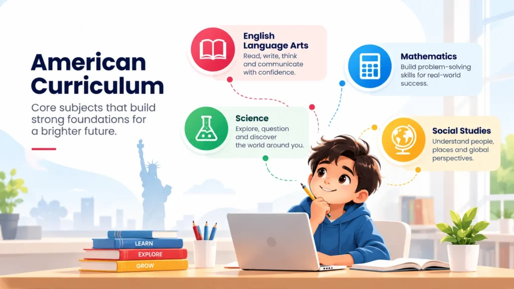 American curriculum subjects including English Language Arts, mathematics, science, and social studies 