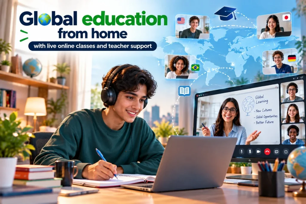 Global education from home with live online classes and teacher support