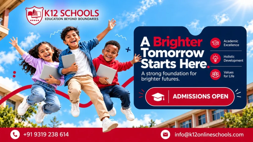 K12 Schools admissions open banner featuring students and a message about academic excellence, holistic development, and brighter futures.
